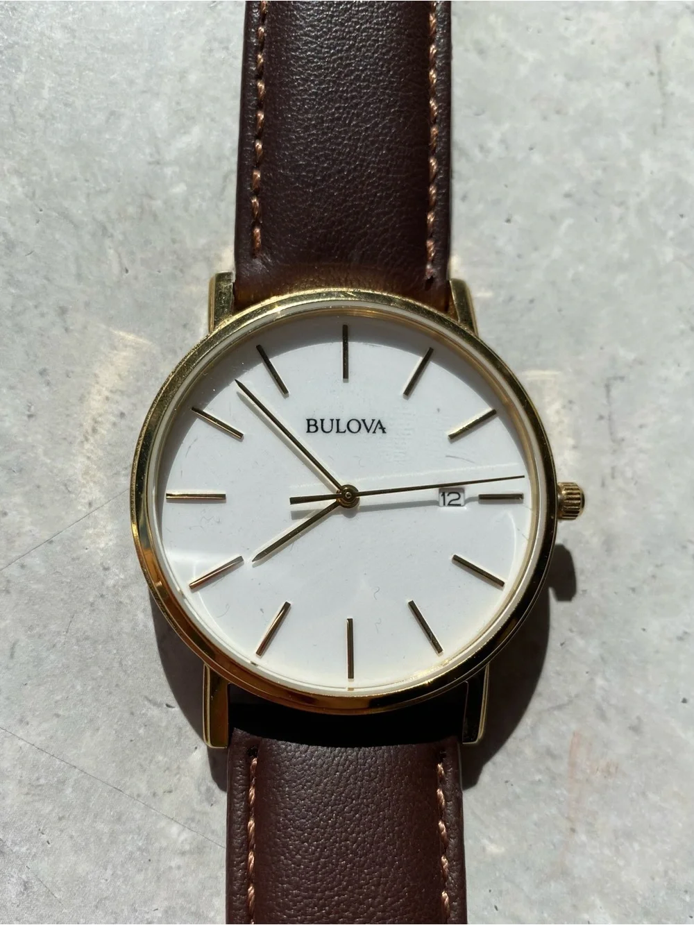 Bulova Gold-Tone Case White Dial Watch with Brown Leather Strap
